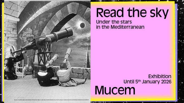 Exhibition poster, in black and white, with 3 people observing an eclipse.