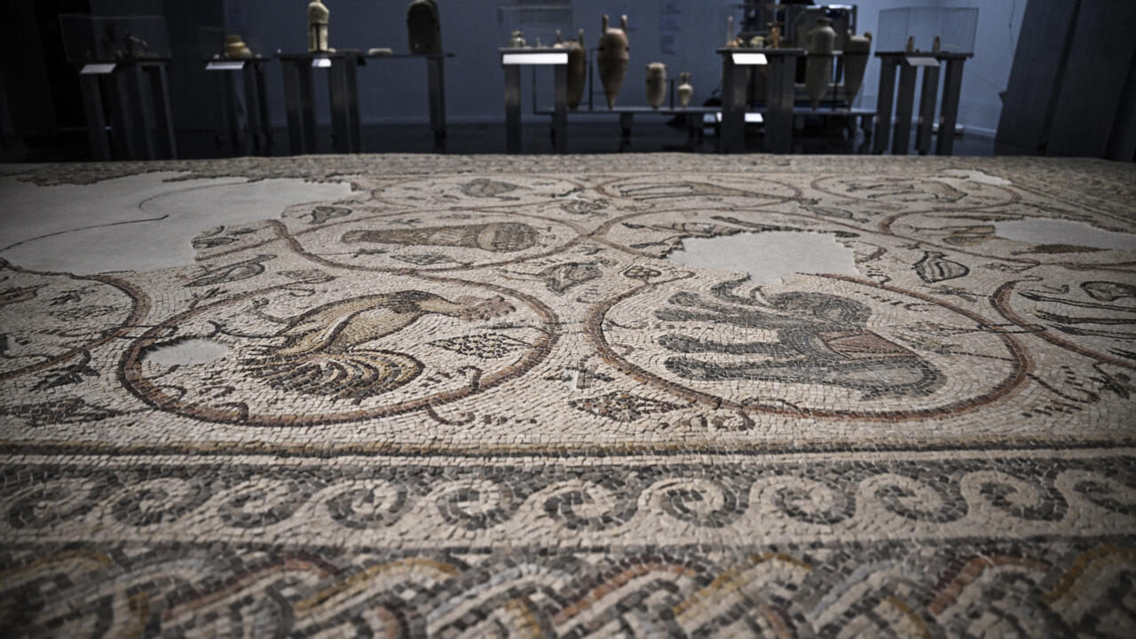 The mosaic floor of a Byzantine church in Gaza, on display at the Arab World Institute in Paris.