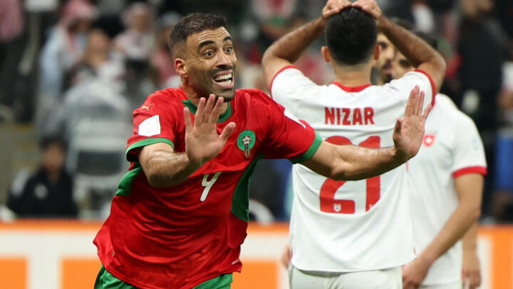Morocco's Abderazak Hamdallah celebrates scoring their third goal at the FIFA Arab Cup final in Lusail, Qatar on December 18, 2025.
