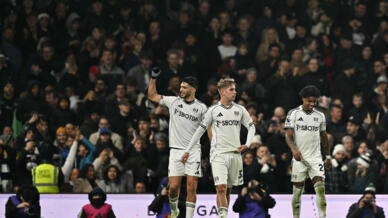 Fulham striker Raul Jimenez (L) celebrates scoring against Nottingham Forest