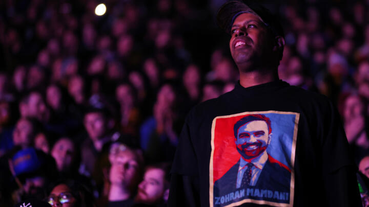 The crowd listens to speakers during a rally for New York City mayoral candidate Zohran Mamdani, Sunday, October 26, 2025, in New York.
