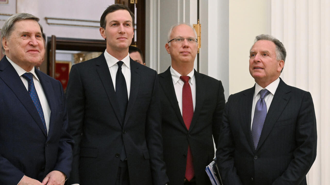 US special envoy Steve Witkoff, right, Russian presidential foreign policy adviser Yuri Ushakov, left, Russian Direct Investment Fund CEO Kirill Dmitriev, second right, and Jared Kushner, US President