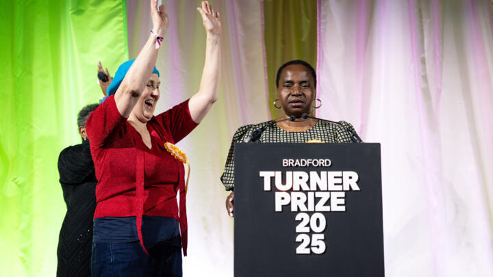 Nnena Kalu is announced as the winner of the Turner Prize 2025 at a ceremony at Bradford Grammar School, England on December 9, 2025.