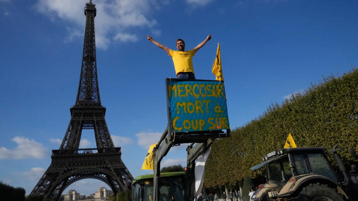 File photo of French farmers protesting against the Mercosur trade alliance taken on October 14, 2025 near the Eiffel Tower in Paris.