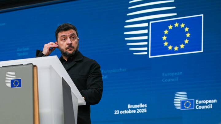 Ukrainian President Volodymyr Zelensky in Brussels on October 23, 2025