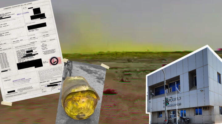 Thanks to exclusive documents (left), the FRANCE 24 Observers team was able to reconstruct how barrels of chlorine used as chemical weapons were brought to Sudan (centre image). 