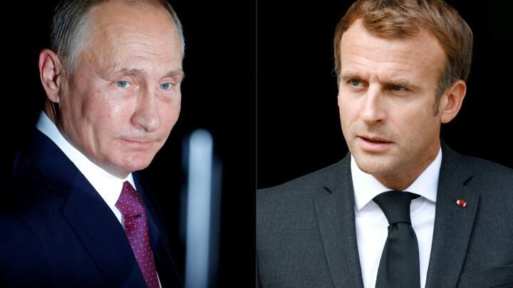 This combination of pictures shows Russia's President Vladimir Putin (L) and France's President Emmanuel Macron